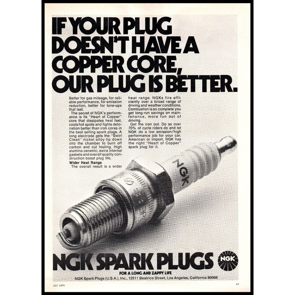 1974 NGK Spark Plugs Vintage Print Ad Copper Core Garage Man Cave Wall Art